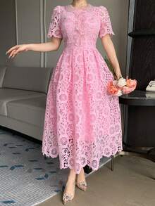 DAZY Lace Collar Waist Cinching Sweet Dress, High-End French Style Elegant Long Dress Sun Dresses For Women Summer - Pink - View 6