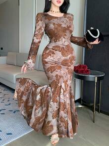 DAZY Rochie lungă elegantă, cu talie strânsă, pentru femei, rochie maxi, rochie de vară, rochii florale pentru femei - Maro - Vizualizare 3