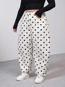 SHEIN PETITE CURVE 夏季加大码 PETITE CURVE 女士黑白波点口袋纽扣喇叭阔腿牛仔裤，休闲夏季度假装扮，时尚百搭，适合度假穿着。 - 白色 - 查看 4