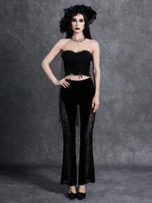 Glisette Women's Fashionable Sexy Black Velvet And Lace Patchwork Pants - Black - View 5