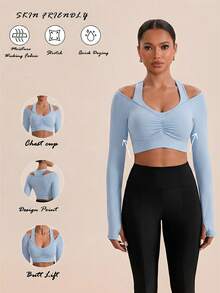 VARSIVA Women's Autumn Simple Solid Color Pleated Cropped Fitted Sports T-Shirt - Blue - View 6