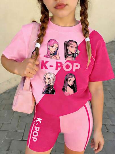 Spring And Summer Young Girl Casual Fashion Creative Personalized Refreshing Minimalist Cool Virtual Girl Group Striped Pink & Magenta Graphic Letter Slogan Print Casual T-Shirt And Bike Shorts Set, Comfortable Daily Wear. Cozy Summer And Fall Styles Suitable For Girls, Atmosphere-Inspired Casual And Sportswear Outfits, Sets