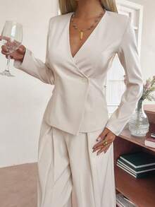 DAZY 女士春季休闲纯色V领西装外套和阔腿裤套装 - 杏色 - 查看 4
