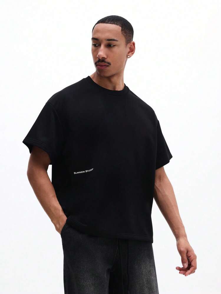 SUMWON Men's Boxy Fit Crew Neck Short Sleeve T-Shirt With Record Print Graphic Design Black Tee