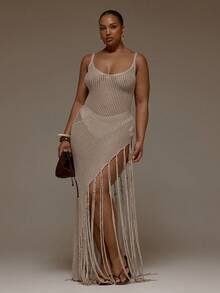 MUSERA 大码钩针编织圆领流苏修身长裙，春夏可爱优雅约会之夜派对节日假日海滩性感毕业长裙 - 杏色 - 查看 3