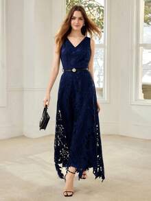 MOTF PREMIUM WOMEN'S EMBROIDERED DRESS, SUITABLE FOR DAILY WEAR AND DATES, SPRING/SUMMER - Navy Blue - View 2