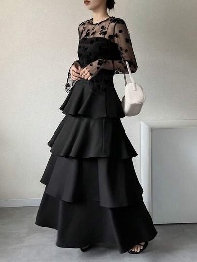 FRIFUL Women's Casual Pleated Ruffled Hem Long Flared Skirt, Versatile Solid Color For Spring & Summer