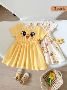 Playful Pals 2pcs/Set Baby GirlCute Duck & Chick Print Short Sleeve A-Line Dress, Suitable For Spring/Summer Outings, Photoshoots Or Everyday Wear - Multicolor - View 1