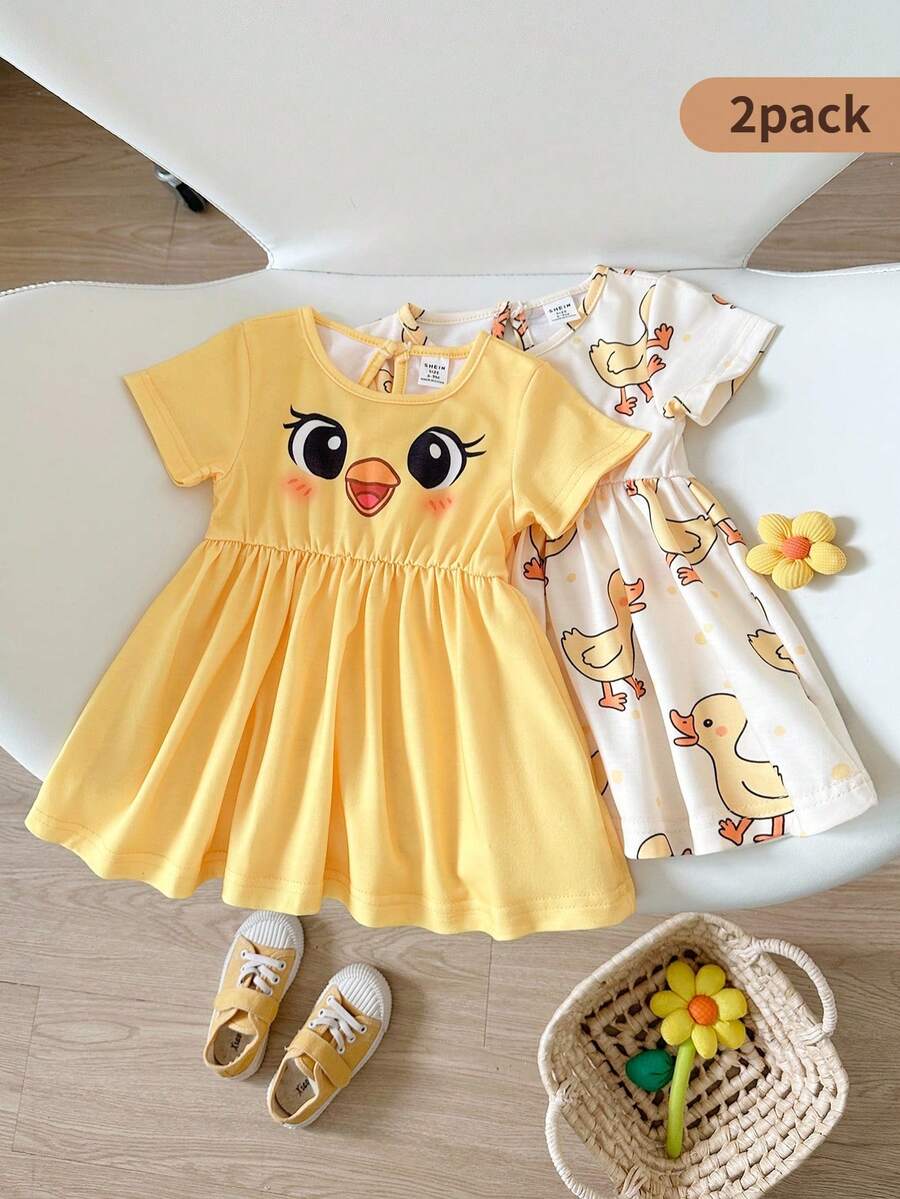 Playful Pals 2pcs/Set Baby GirlCute Duck & Chick Print Short Sleeve A-Line Dress, Suitable For Spring/Summer Outings, Photoshoots Or Everyday Wear - Multicolor - View 1