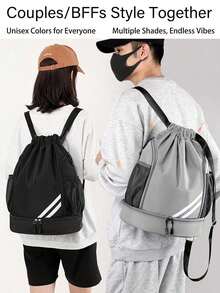 Large Capacity Drawstring Sports Backpack, Fashionable Gym Bag With Inner Pocket, Waterproof Nylon Oxford Fabric, Bottom Shoe Compartment, Side Mesh Pocket, Wide Drawstring Design, Suitable  Ideal For Football, Basketball, Travel, Yoga, Swimming - Multicolor - View 6