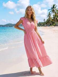 Sylviya 度假休闲条纹V领短袖连衣裙 - 彩色 - 查看 6