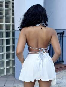 Alexandranx Striped Deep V-Neck Halter Backless Bowknot Up Fashionable Sexy Women Shirt Blue - Blue - View 2