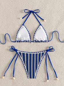 Swim Mod Bộ bikini kẻ sọc buộc dây phía trước - Nhiều màu - Xem 2