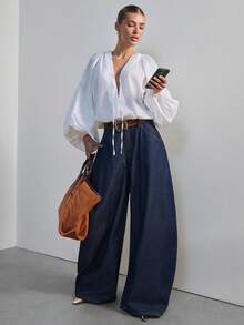 Hauture 女士低腰宽松筒状牛仔裤，性感职业装 - 深色水洗藍 - 查看 3