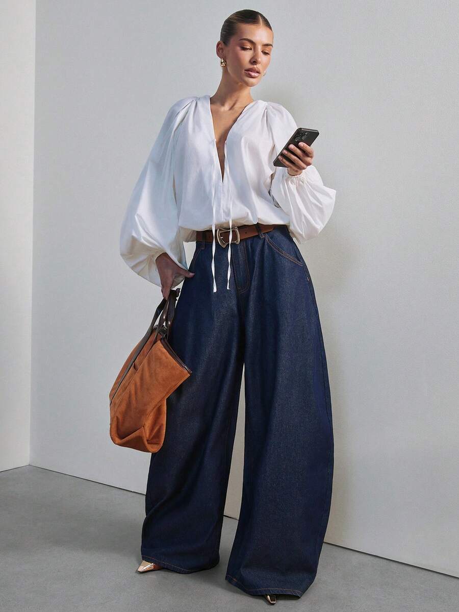 Hauture Women's Low Rise Baggy Barrel Jean Pant Denim Sexy Office Wear - Dark Wash - View 1