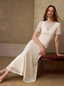 MOTF PREMIUM ELEGANTES DAMEN-KLEID MIT KONTRASTSPITZE UND PERLENBESATZ - Weiss - Übersicht 9