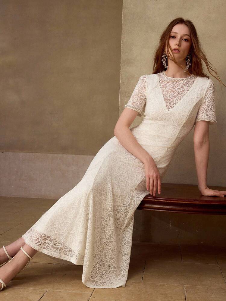 WOMEN'S ELEGANT CONTRAST LACE FAUX PEARL BEADED TRIM DRESS