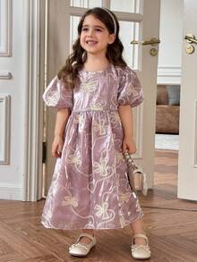 DAZY Vestido lindo con cuello redondo y mangas de pétalo bordado para niña joven - Morado - Ver 3