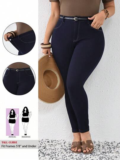 SHEIN Tall CURVE Spring To Summer Plus Size Women Casual Comfort High-Stretch Denim Fabric High Waist Pockets Casual Versatile Black Skinny Jeans