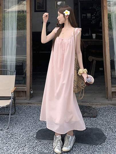 DAZY Đầm nữ dáng suông đơn giản, màu trơn, có bèo nhún, kiểu dáng thường ngày.