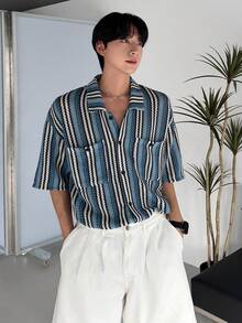 DAZY Men's Short Sleeve Striped Textured Fabric Shirt, Summer - Multicolor - View 6