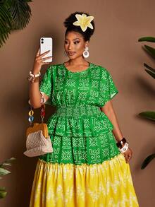 Maweii Vestido Longo Geométrico Camadas Plus Size Feminino, Adequado para Primavera/Verão - Multicolorido - Visão 3