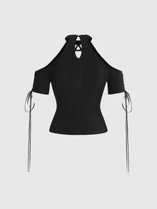 ROMWE Gothic Hollow Lace-Up Six-Pointed Star Tight Fit Women T-Shirt, Dark Summer - Black - View 2