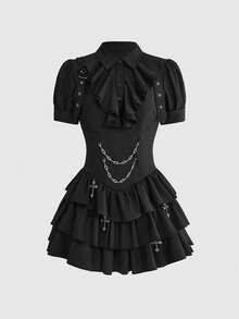 ROMWE Goth 女款哥特洛丽塔修身A字连衣裙，荷叶边领口 - 黑色 - 查看 1