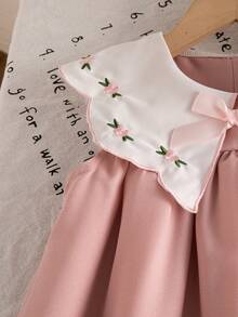 1pc Girls Cute Doll Dress, Pink Embroidered Ruffle Collar, Ribbon Bow, Loose Fit Sleeveless Backless Dress, Fashionable & Sweet, Suitable For Summer - Pink - View 8