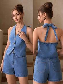 Selenza Women's Tie-Neck Single-Breasted Casual Versatile Daily Denim Blouse - Blue - View 7