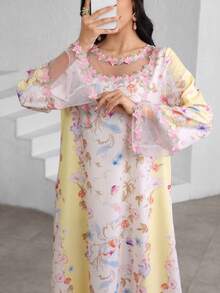 Yasmyna Áo Abaya phối ren và lưới hai lớp in hoa. - Màu be - Xem 1