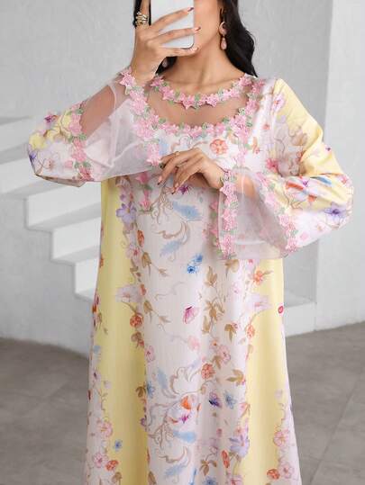 Yasmyna Double-Layer Floral Print Lace & Mesh Splice Abaya