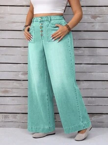 EMERY ROSE Plus Size Casual Washed High Waist Wide Leg Jeans - Mint Green - View 9