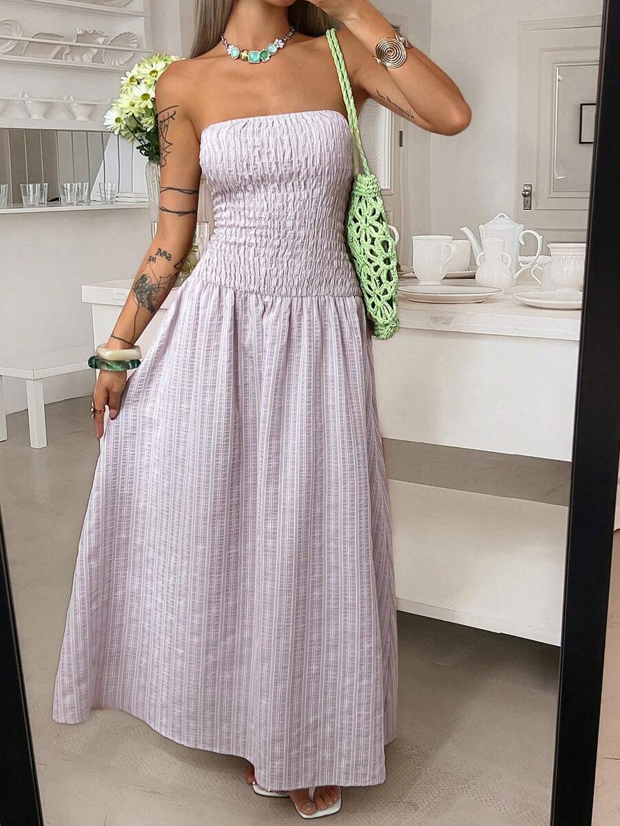 Livesso Women's Striped Strapless Fashionable Midi Dress For Vacation - Baby Pink - View 1