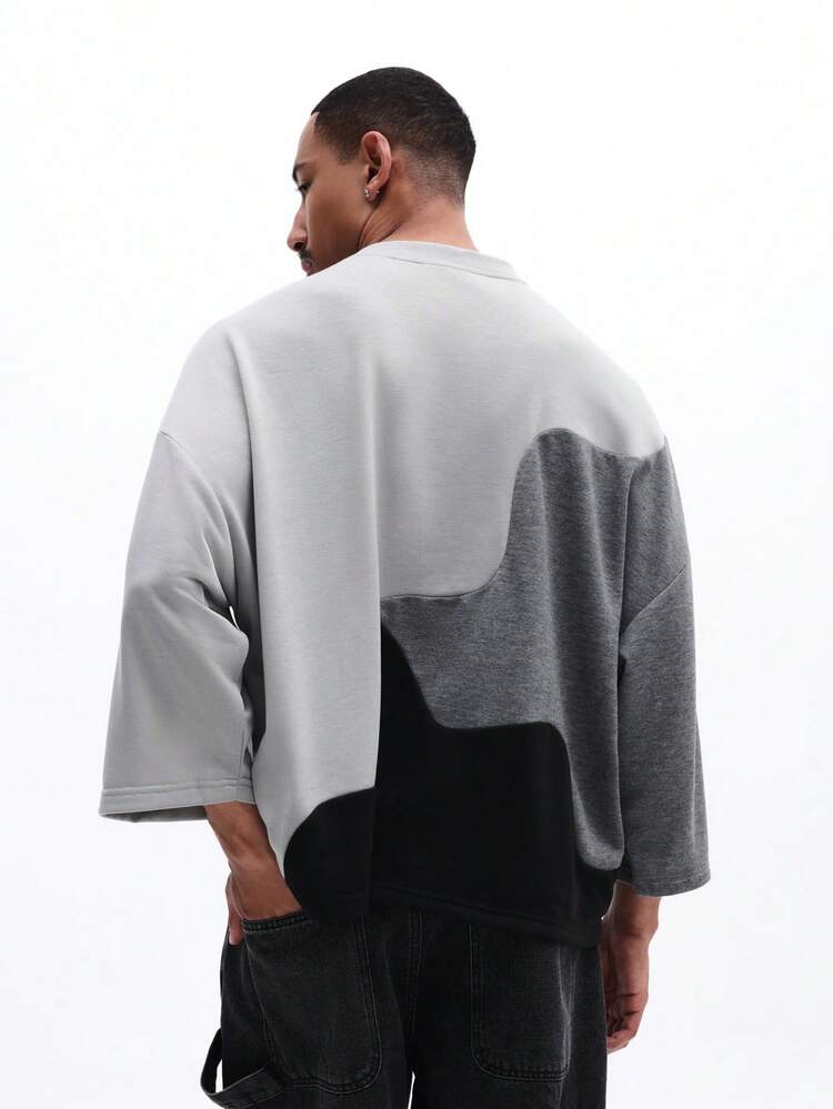 Men's Color Block Long Sleeve Oversized T-Shirt With Geometric Pattern And Crew Neck Casual Streetwear Top