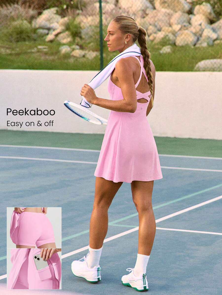GLOWMODE Vestido mini con bolsillo incorporado, cuello de pico, antideslizante, cruzado, de soporte ligero, de secado rápido y transpirable, para primavera y verano FeatherFit™-Air - Rosa - Ver 1