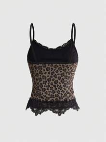 ROMWE J-Fashion Sexy Leopard Print Lace Trim Bow Mesh Elastic Tight Fit Women's Camisole, Summer Beach Vacation Western Wear - Multicolor - View 2