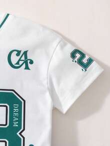 SHEIN Casuvi Kids Young Boy Casual Daily Commute Fashion Street Sports Numeric Print V-Neck Short Sleeve T-Shirt And Straight Leg Pants Set, Spring/Summer/Autumn Boys Jersey Shirt And Pants Sport Outfit For Kids Boy Sports Outfits - Green - View 9