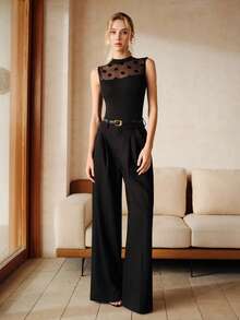 Anewsta New Elegant Fashion Casual Holiday Party Sexy Outing Professional Versatile Polka Dot Mesh Splice Elastic Fitted Sleeveless Women Tank Top, Spring/Summer - Black - View 8