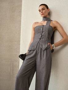 MOTF PREMIUM 2 PIEZAS CONJUNTO DE TOP TUBO Y PANTALONES CON ESTAMPADO A RAYAS Y CINTURÓN CASUAL - Gris - Ver 7