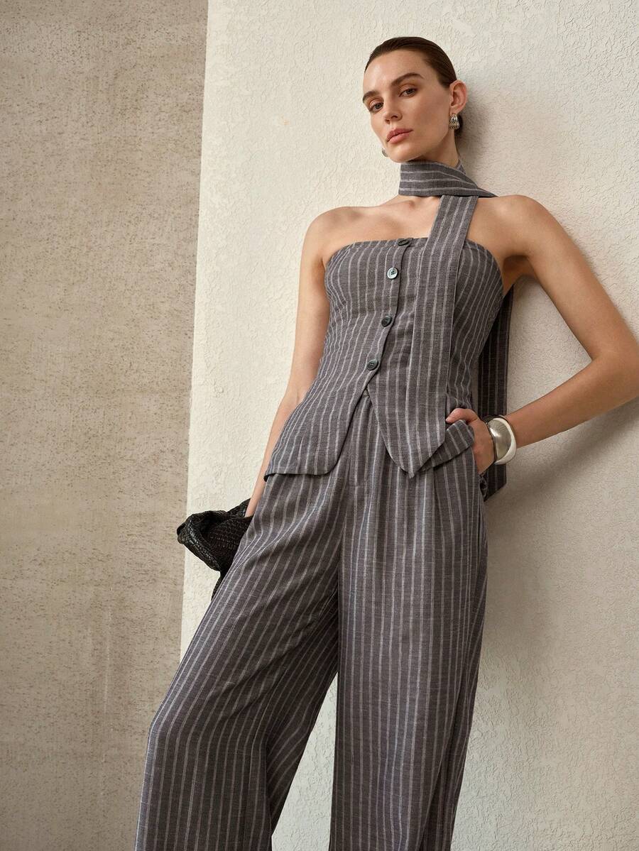 MOTF PREMIUM 2PCS CASUAL STRIPED PRINT BUTTON FRONT BELTED TUBE TOP AND PANTS SET - Grey - View 1
