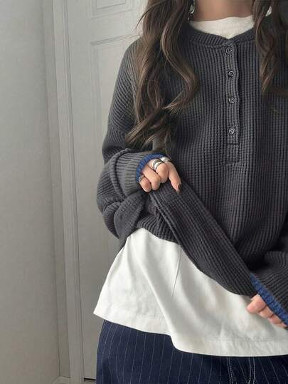 FRIFUL Women's Solid Color Round Neck Button Front Drop Shoulder Long Sleeve Loose Casual Pullover Sweatshirt, Autumn/Winter