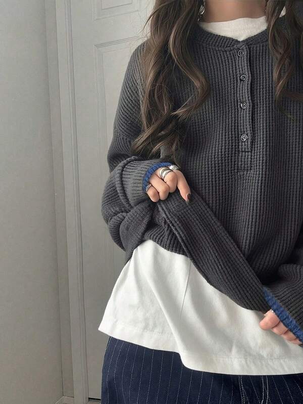 FRIFUL Women's Solid Color Round Neck Button Front Drop Shoulder Long Sleeve Loose Casual Pullover Sweatshirt, Autumn/Winter