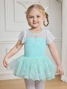 Robe de tutu de ballet pour jeunes filles, tissu vert clair à haute élasticité pour le printemps/été, manches volantées pour un look léger, jupe en tulle avec un éclat nacré, élégante et fraîche pour le port quotidien, les représentations de ballet et les pratiques - Vert menthe - Voir 6