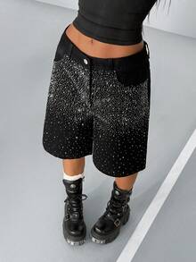 StreetHx Women's Pocketed Rhinestone Embellished Wide Leg Loose Bermuda Denim Shorts - Black - View 1