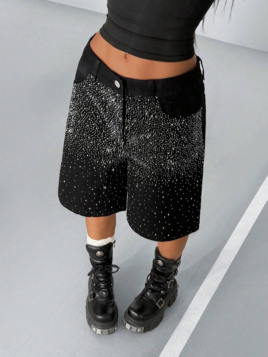 StreetHx Women's Pocketed Rhinestone Embellished Wide Leg Loose Bermuda Denim Shorts - Black - View 1