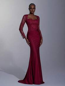 Elitara Burgundy Spring Formal Evening Wedding Bridesmaid Dress,Lace Patchwork Long Sleeve Ruched Fishtail Hem Trailing Elegant Birthday Party Event Gown - Burgundy - View 7