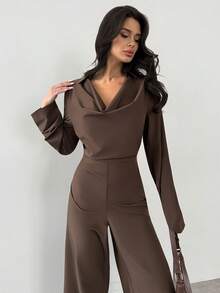 Firerie 女士优雅休闲连体裤，适合日常、通勤、办公穿着，咖啡棕色长袖垂褶领口收腰设计，宽松直筒裤型，适合春夏穿着，也可作为教师服、户外活动和度假装束。 - 咖啡棕 - 查看 4