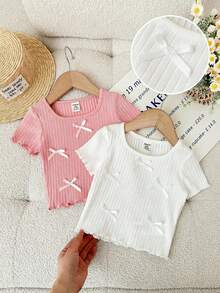 SHEIN LMoss Kids 2件套休闲百搭纯色蝴蝶结针织上衣，适合女婴 - 彩色 - 查看 8