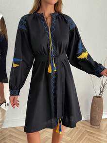 Women's Bohemian Style Embroidered Long Sleeve Belted Midi A-Line Dress, Black - Black - View 4